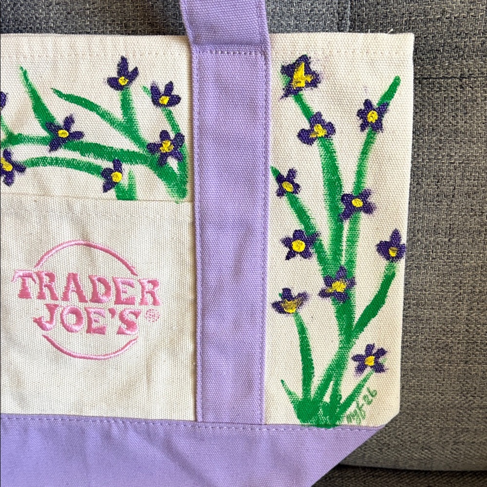 TRADER JOE’s Mini Lavender Canvas Floral Tote Bag w/ Hand Painted Art by:@sail66 - Picture 5 of 7
